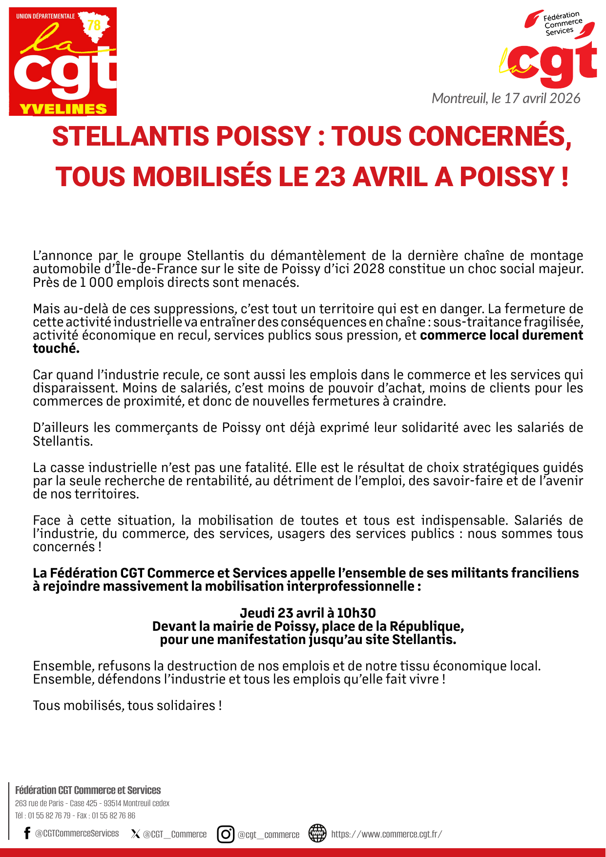 Aperçu — STELLANTIS POISSY : TOUS CONCERNÉS, TOUS MOBILISÉS LE 23 AVRIL A POISSY !