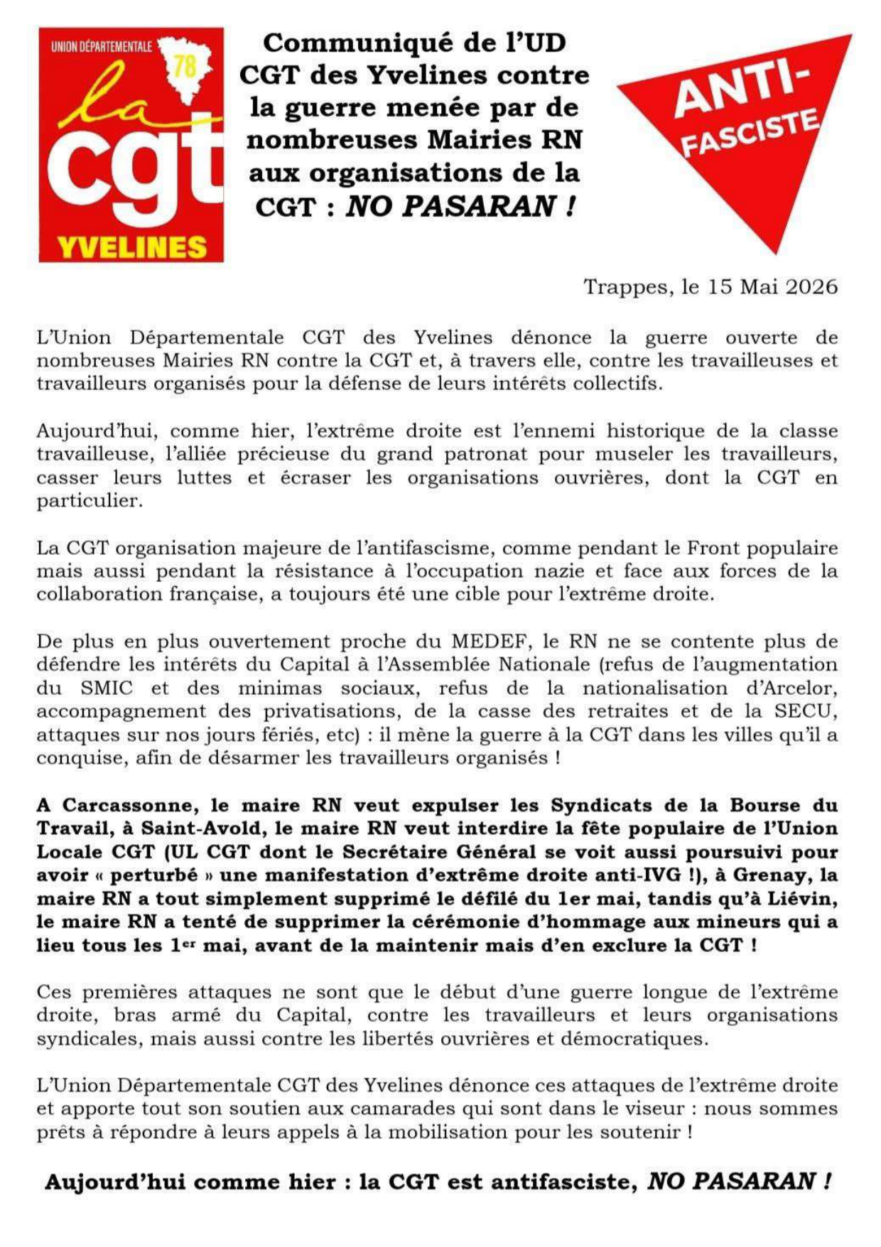 Aperçu — No Pasaran ! Contre la guerre menée par des mairies RN aux organisations de la CGT